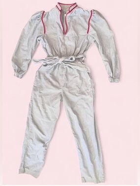 Rare 70s 80s Vintage Gray & Pink 100% Cotton Corduroy Jumpsuit Snow Bunny XS-S